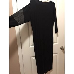 ASOS Black Bodycon Midi Dress US 18, All Black Sheer Sleeve, Stretch Jersey LBD
